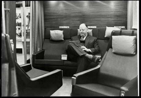 Dr Richard Beeching Chairman Of British Railways Relaxes In A Mock-up Of A New Design For A First-class Lounge On High-speed Trains Expected To Be Introduced By 1966. Ironically He Was To Be Remembered For Axing Hundreds Of Rail Services Across Brita