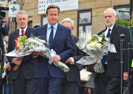 Pm David Cameron Lab Party Leader Jeremy Corbyn Mp (r) And Hillary Benn (l) Lay Flowers Near The Scene Of The Attack In Birstall West Yorkshire Where Jo Cox Mp Was Killed. Pic Bruce Adams / Copy -17/6/16.