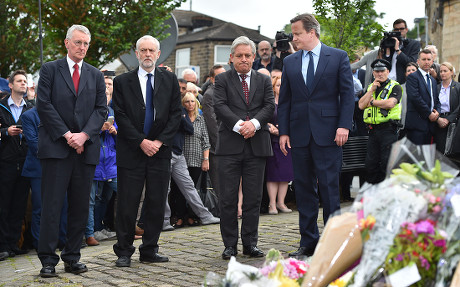(l To R) Hillary Benn Lab Party Leader Jeremy Corbyn Mp Speaker John Bercow And Pm David Cameron Lay Flowers Near The Scene Of The Attack In Birstall West Yorkshire Where Jo Cox Mp Was Killed. Pic Bruce Adams / Copy -17/6/16.