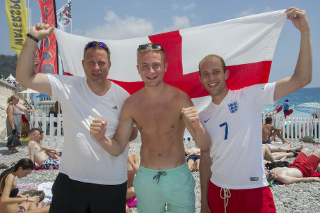 England Fans Arriving In Nice Ahead Of Knockout Last Sixteen Match Against Iceland. Phil May Luke May And Hayden Brown From Wokingham. Picture - Mark Large ... 26.06.16.