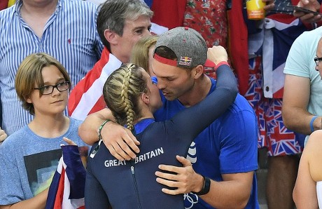 Rio 2016: Rebecca James Hugs Rugby Player George North. Rebecca James (l) And Katy Marchant Of Team Gb Celebrates Gold And Silver In The Women's Sprint At The Rio Olympics Brazil.