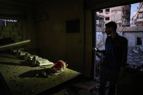 Man Mobile Flashlight Inspects Rubble Center Editorial Stock Photo 