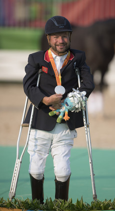 Lee Pearson. British Paralympian Equestrian Lee Pearson Who Carried The Flag In The Paralympic Opening Ceremony Pictured With His Silver Medal Won In The Individual Championship Test On His Horse Zion.