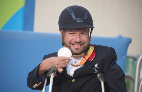 Lee Pearson. British Paralympian Equestrian Lee Pearson Who Carried The Flag In The Paralympic Opening Ceremony Pictured With His Silver Medal Won In The Individual Championship Test On His Horse Zion.