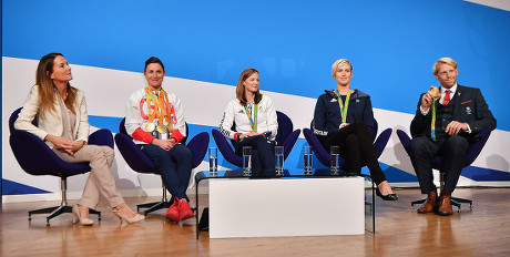 Annie Emmerson With Olympians Dame Sarah Storey Vicky Thornley Helen Richardson-walsh And Andrew Triggs-hodge. Annual Conservative Party Conference At The Birmingham International Conference Centre. Pic Bruce Adams 3/10/16.