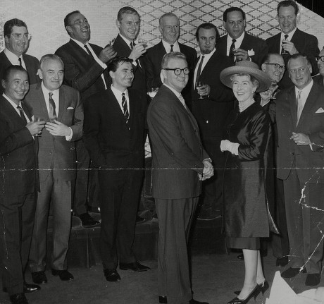 Fifteen Top Band Leaders Had Lunch At The Savoy On The Retirement Of Jim Davidson Assistant Head Of Light Entertainment At The Bbc. Back Row: Victor Sylvester (4th Left) Acker Bilk And Edmundo Ros. Front Row L-r: Joe Loss Unknown Kenny Ball Jim David