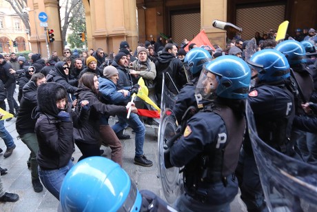 Clashes between the police and social centers in Bologna, Italy - 16 Feb 2018