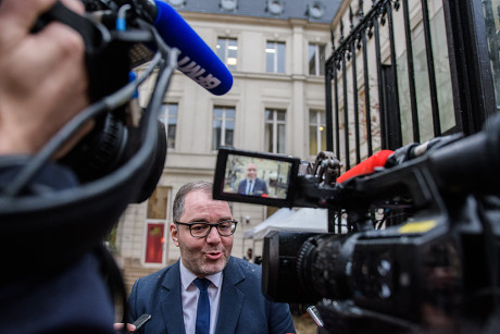 French Socialist Party's, PS, spokesman, Rachid Temal speaks to the press after Francois Hollande (unseen) took part at a vote for the election of a new PS First Secretary in Paris, France, 15 March 2018. Hollande's party faces major difficulties after being defeated at the presidential and legislatives elections in 2017.