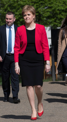 Nicola Sturgeon. Scottish National Party Leader Nicola Sturgeon Arrives At A Press Call With Angus Robertson At Victoria Gardens And Is Joined By The Snp Westminster Group.