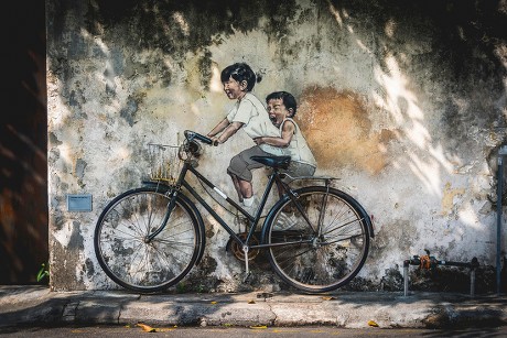 Little Children On Bicycle Mural Streetart Editorial Stock Photo ...