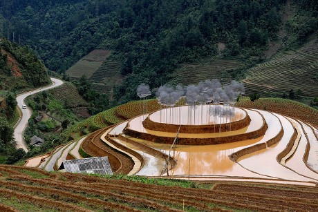 Art installation 'Crystal Cloud' on terraced rice field in northwestern Vietnam, Yen Bai, Viet Nam - 22 May 2018