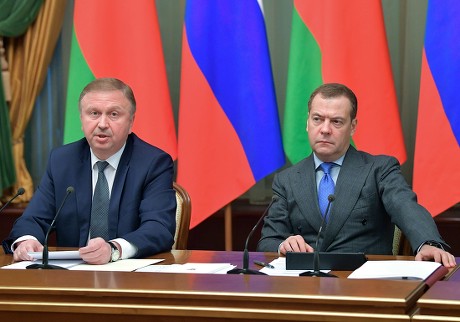 Prime ministers of Russia and Belarus at Union State Council of Ministers' meeting, Moscow, Russian Federation - 13 Jun 2018