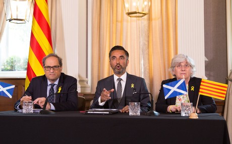 Former Catalan minister Clara Ponsati with Catalan premier Quim Torra and lawyer Aamer Anwar, Edinburgh, United Kingdom - 11 Jul 2018