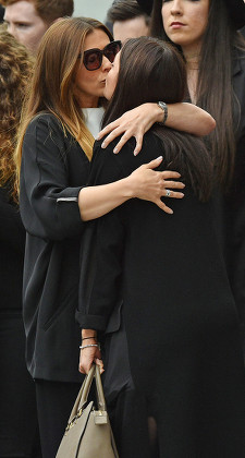Kym Marsh. (l To R) Coronation St. Actresses Kym Marsh And Hugs Faye Brooks At The Funeral Of Manchester Arena Bomb Blast Victim Martyn Hett 29 At Stockport Town Hall Stockport Cheshire.