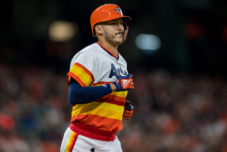 August 10, 2018: Houston Astros shortstop Carlos Correa (1) during a Major  League Baseball game between the Houston Astros and the Seattle Mariners on  1970s night at Minute Maid Park in Houston