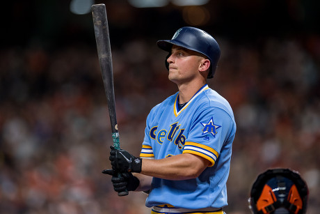 August 10, 2018: Houston Astros third baseman Alex Bregman (2) during a  Major League Baseball game between the Houston Astros and the Seattle  Mariners on 1970s night at Minute Maid Park in