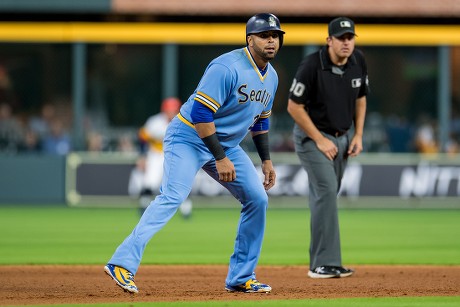 August 10, 2018: Seattle Mariners third base coach Scott Brosius (28)  during a Major League Baseball game between the Houston Astros and the  Seattle Mariners on 1970s night at Minute Maid Park