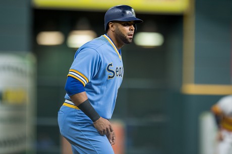 August 10, 2018: Seattle Mariners third base coach Scott Brosius (28)  during a Major League Baseball game between the Houston Astros and the Seattle  Mariners on 1970s night at Minute Maid Park