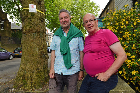 Stag Activists Arthur Baker 67 (l) And Alan Story 69(r) In Western Rd. Sheffield Next To Trees Planted In Memorial Of Soldiers Who Died In Ww1.- Robert Hardman Meets Residents Of Sheffield South Yorkshire Trying To Stop Their Street Trees From Being