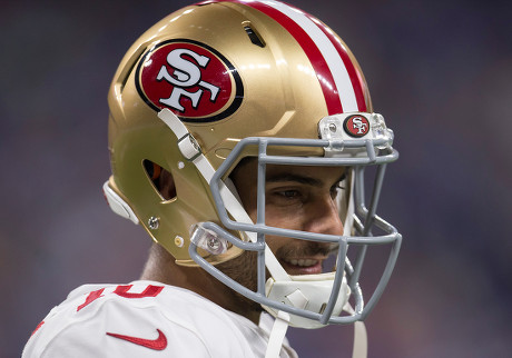 August 25, 2018: San Francisco 49ers quarterback Jimmy Garoppolo (10)  during pregame of NFL football preseason game action between the San  Francisco 49ers and the Indianapolis Colts at Lucas Oil Stadium in