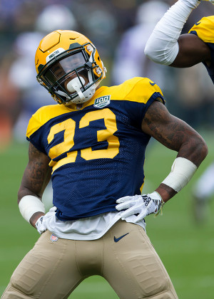 Green Bay, WI, USA. 30th Sep, 2018. Green Bay Packers cornerback Jaire  Alexander #23 celebrates an interception during the NFL Football game  between the Buffalo Bills and the Green Bay Packers at