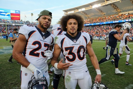 November 18, 2018 Carson, CANarbonne High School linebackers Los Angeles  Chargers linebacker Uchenna Nwosu #42 and Denver Broncos linebacker  Keishawn Bierria #40 after the NFL Denver Broncos vs Los Angeles Chargers at