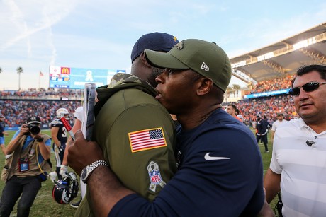 November 18, 2018 Carson, CANarbonne High School linebackers Los Angeles  Chargers linebacker Uchenna Nwosu #42 and Denver Broncos linebacker  Keishawn Bierria #40 after the NFL Denver Broncos vs Los Angeles Chargers at