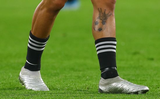A detailed view of left tattooed leg of Paulo Dybala of FC Juventus during  the Serie A match between AS Roma and FC Juventus at Stadio Olimpico Rome  Italy on 9 January