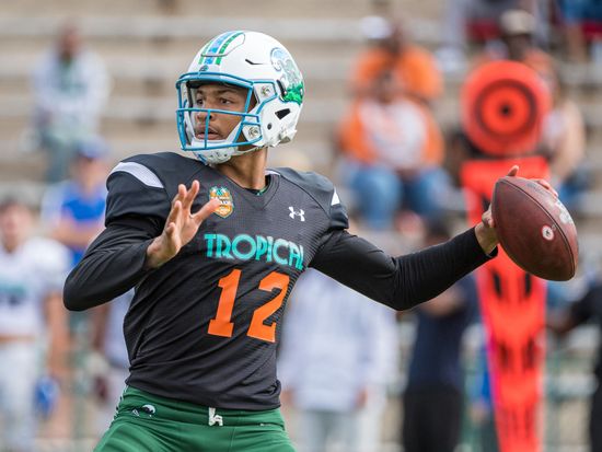 January 12, 2020 - Deland, FL, U.S: National Team quarterback Justin  Mcmillan (12) during College Football All Star Game in the SPIRAL Tropical  Bowl between American (white) and the National (black0 at