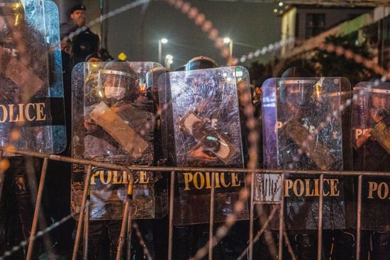 Riot Police Defensed Line Bring Barbed Editorial Stock Photo - Stock ...