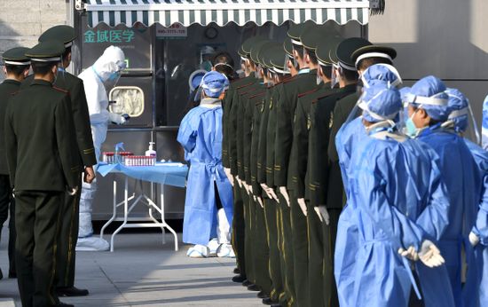 Chinese Soldiers Queue Making Coronatest Yard Editorial Stock Photo ...