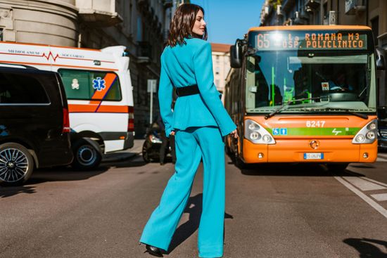 Paola Turani Wears Aquablue Pantsuit Oversized Editorial Stock Photo