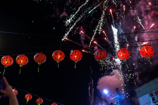 Fireworks Explode Over Lanterns On First Editorial Stock Photo - Stock ...