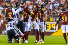 Landover, MD, USA - August 21, 2023 : Washington Commanders cornerback  Emmanuel Forbes (13) celebrates during the preseason game between Baltimore  Ravens and the Washington Commanders in Landover, MD. Photographer: Cory  Royster Stock Photo - Alamy