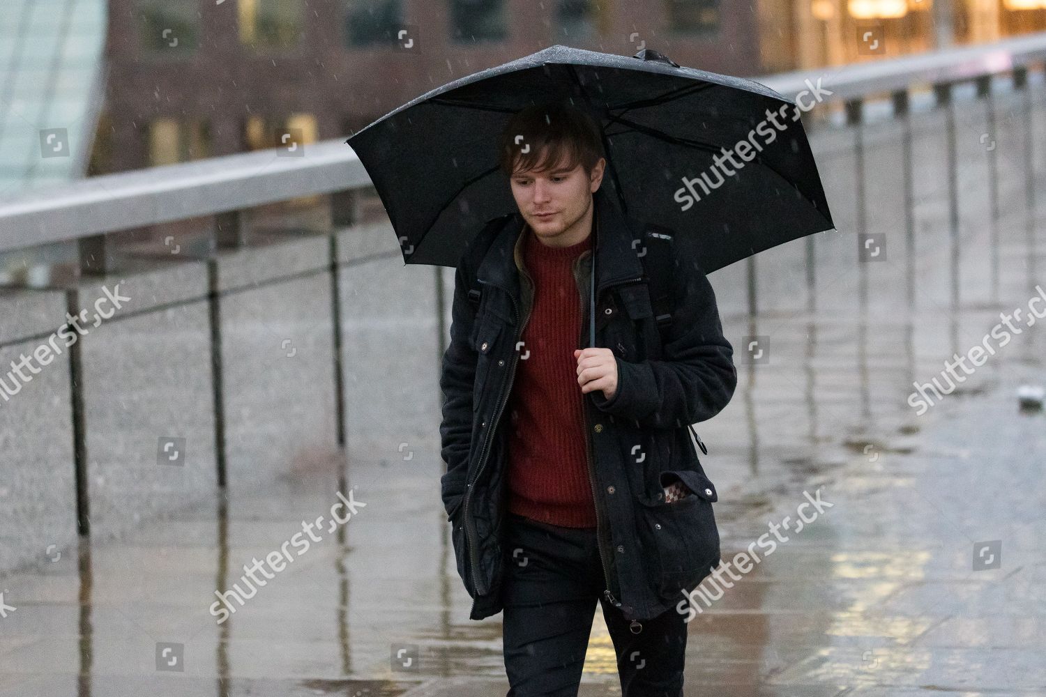 Man Walking Umbrella During Rain Wet Weather Editorial Stock Photo