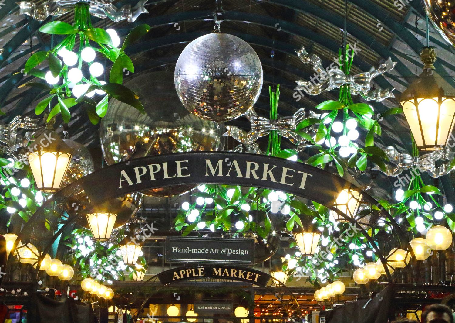 Lighting Christmas Decorations Seen Apple Market Sign Editorial