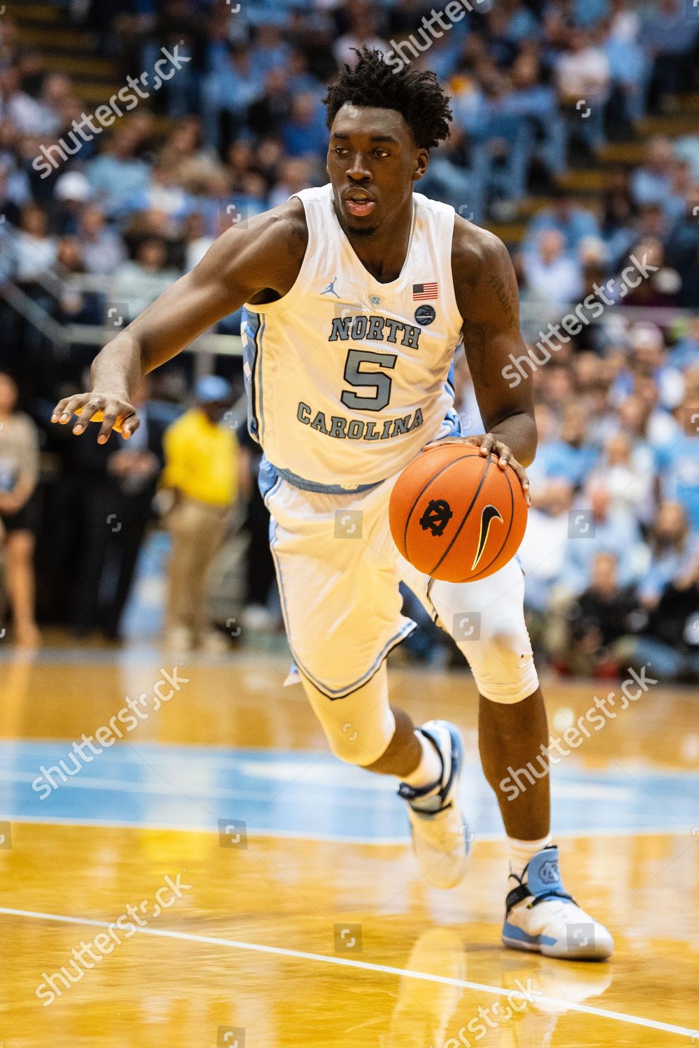 USA, 12th January 2019. North Carolina Tar Heels forward Nassir Little (5)  during the NCAA College Basketball game between the Louisville Cardinals  and the North Carolina Tar Heels at the Dean E.
