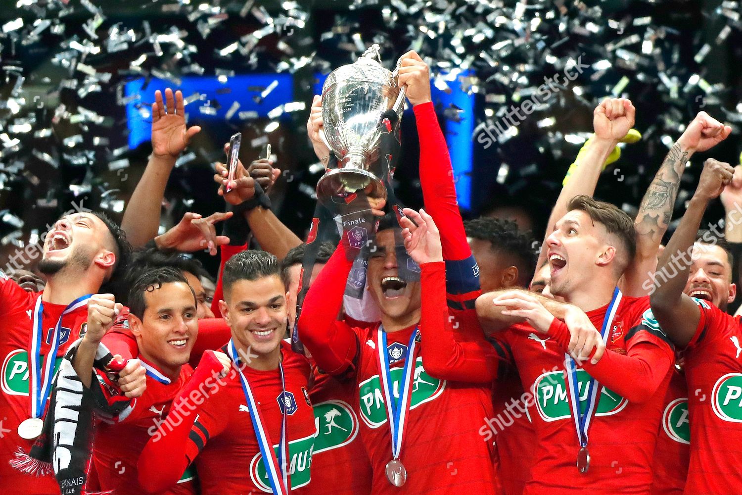 Rennes Players Celebrate Trophy On Podium Editorial Stock Photo - Stock ...