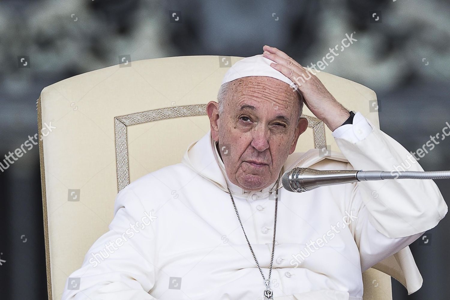 Pope Francis Holds His Zucchetto Cap During Editorial Stock Photo 