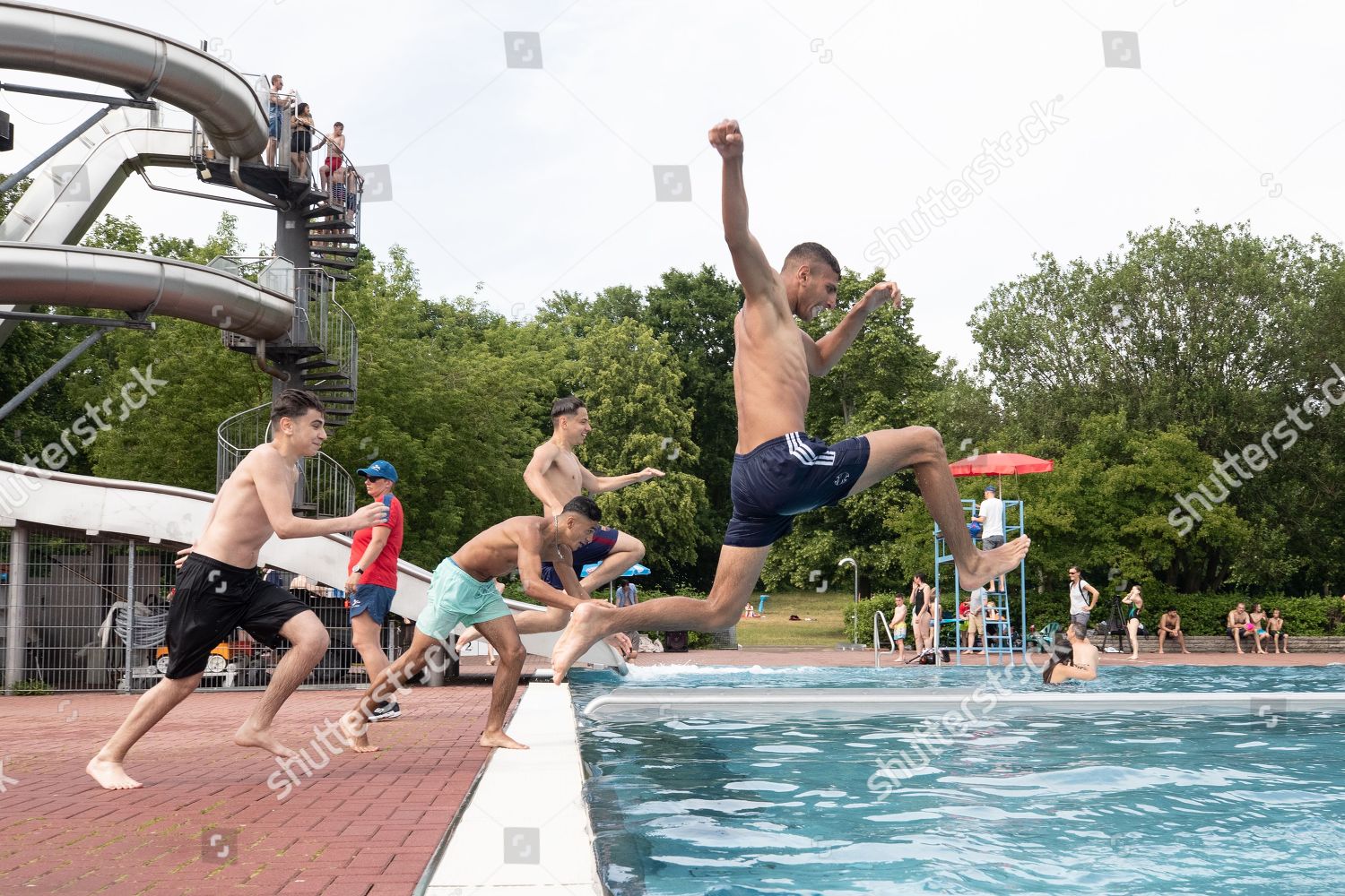 Boys Jump Into Water Sommerbad Pankow Berlin Editorial Stock Photo