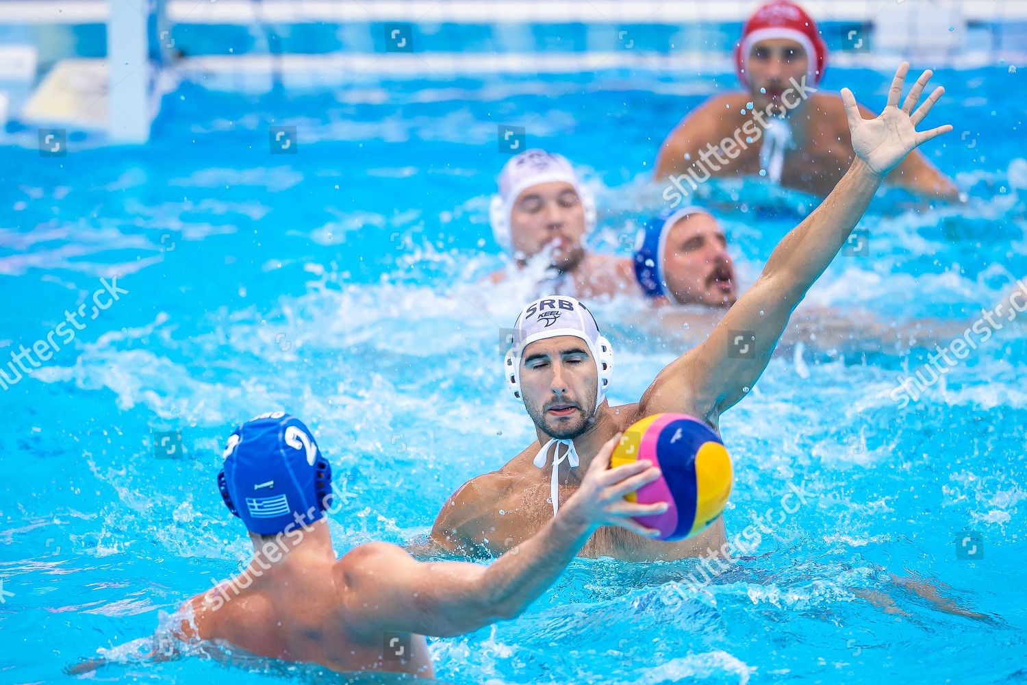 Mens Water polo preliminary Serbia vs Greece 에디토리얼 스톡 사진 스톡 이미지