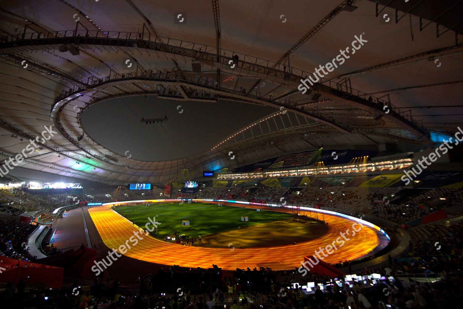 View Light Show Prior Womens 100m Final Editorial Stock Photo