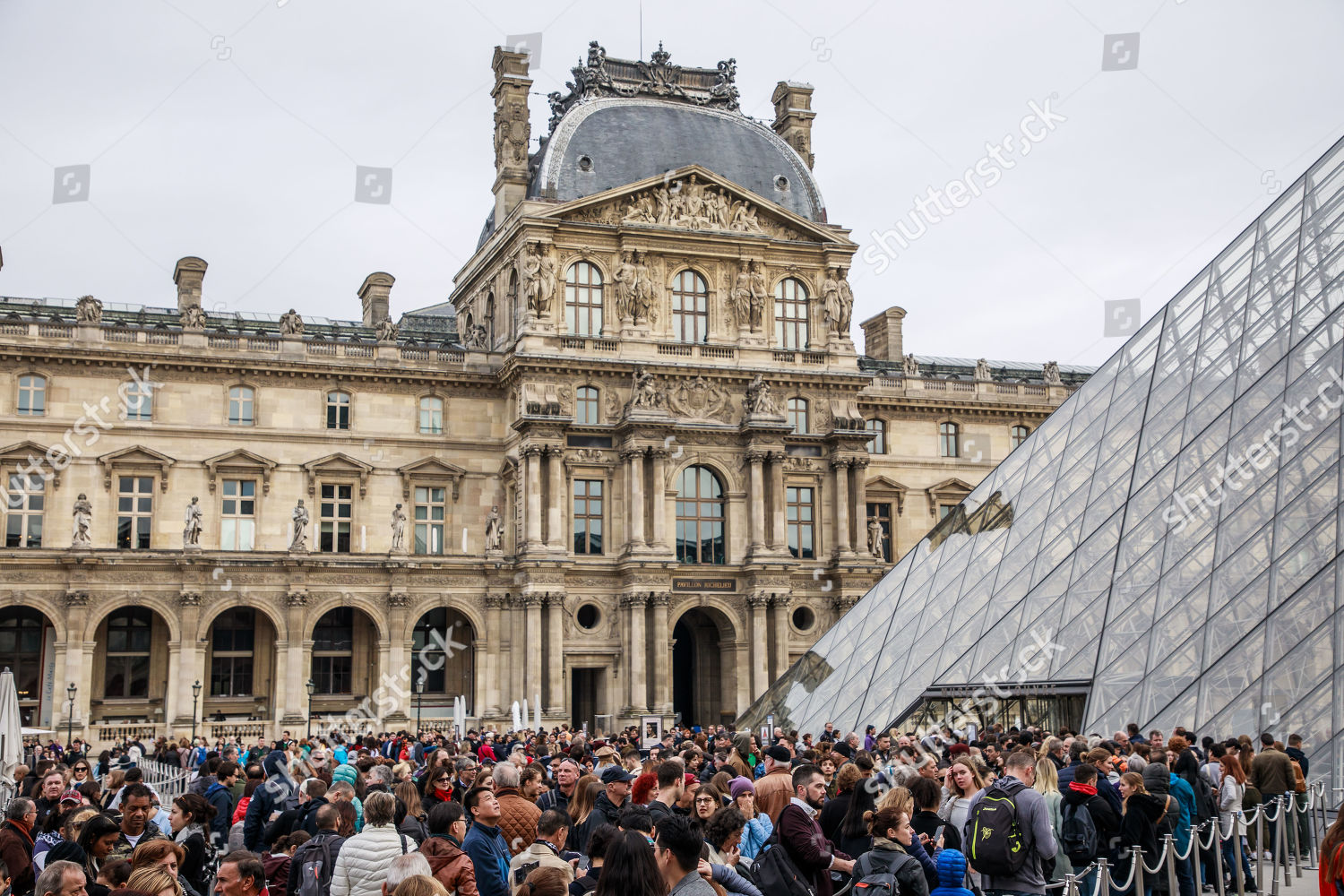 Visitors Queue Outside Louvre Museum Pyramid Editorial Stock Photo