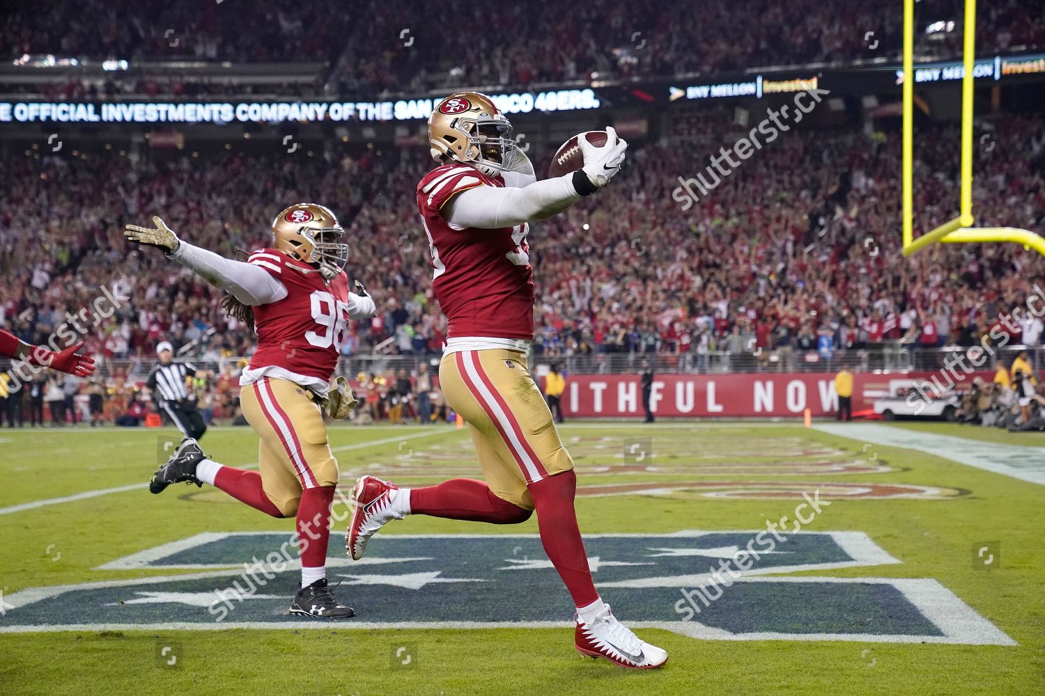 Santa Clara, CA. 16th Dec, 2018. San Francisco 49ers defensive tackle  DeForest Buckner (99) isa able to drag down Seattle Seahawks quarterback  Russell Wilson (3) during the NFL football game between the