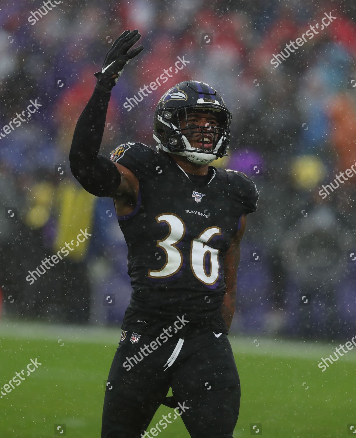 Baltimore Ravens S Chuck Clark (36) reacts after sacking San Francisco  49ers QB Jimmy Garoppolo (10), not pictured, in the first quarter of a game  at M&T Bank Stadium in Baltimore, Maryland