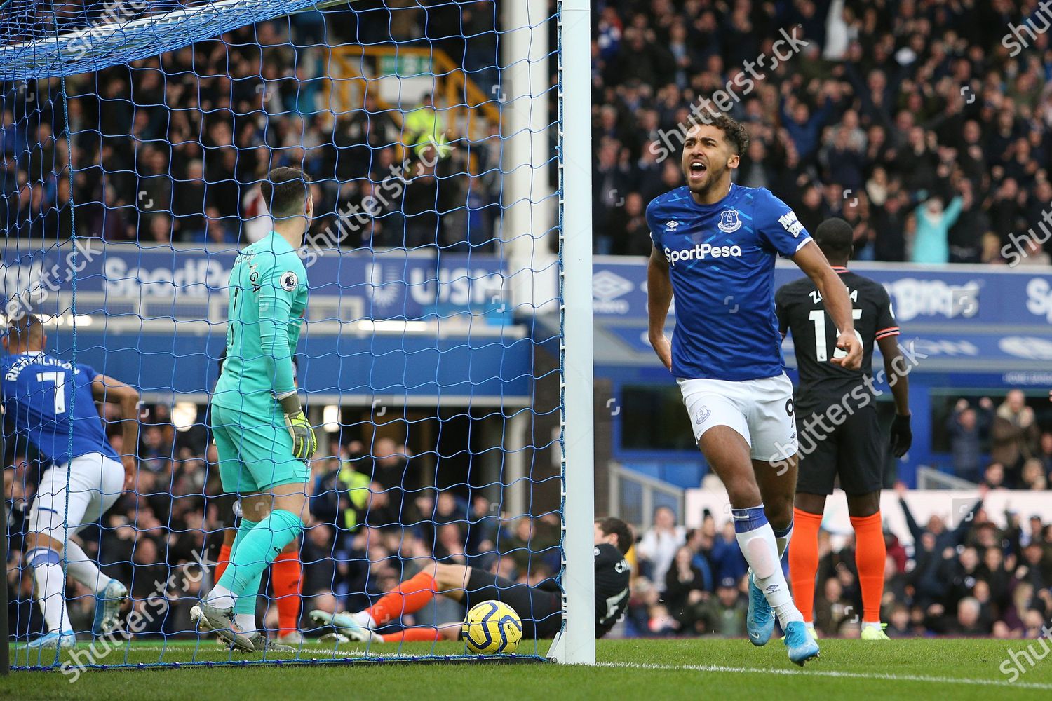  Dominic Calvert-Lewin celebrates scoring the opening goal during the Premier League match between Everton and Chelsea at Goodison Park on 8th December 2019.