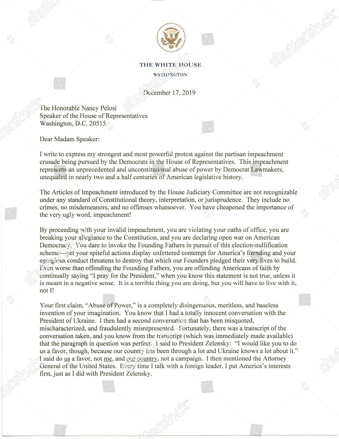 official handout copy letter sent US President Editorial Stock