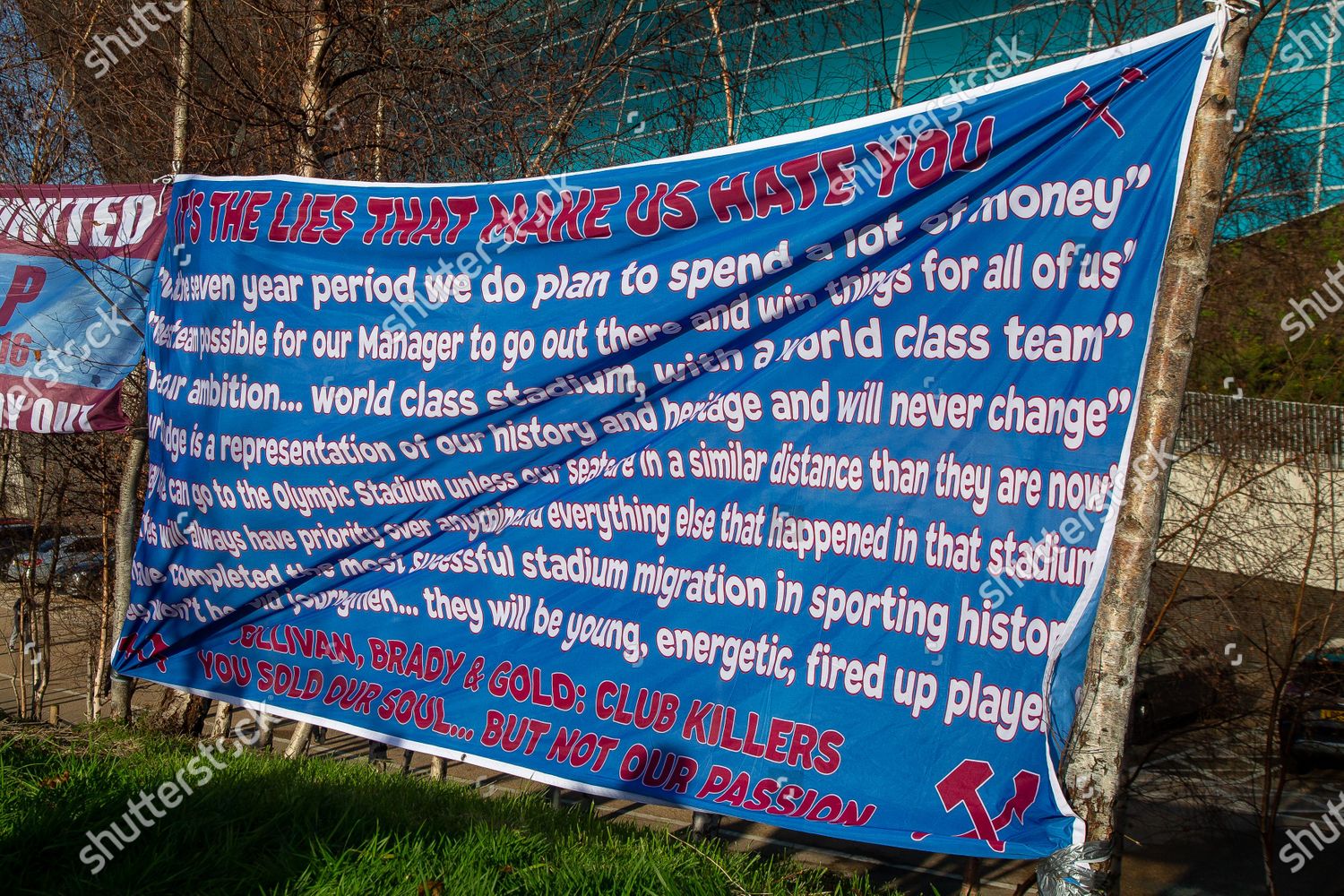 Banner Hammers United Protest Before Todays Game Editorial Stock