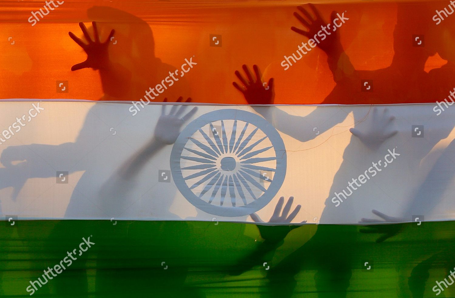 People Pose Behind Indian Tricolour Flag Editorial Stock Photo - Stock ...