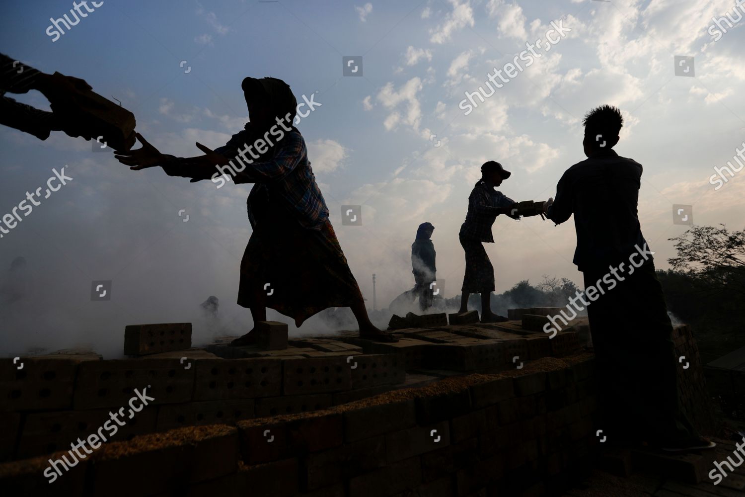 Myanmar Laborers Relay Bricks While Working Editorial Stock Photo